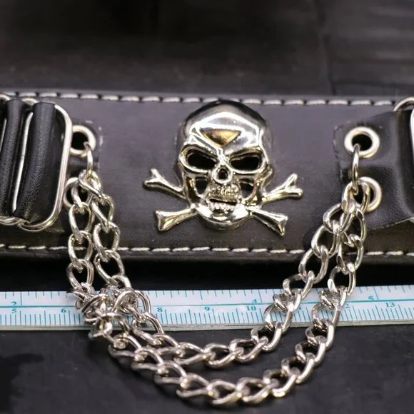Black Leather Cuff Bracelet with Metallic Skull and Crossbones With Chains - Picture 5 of 5
